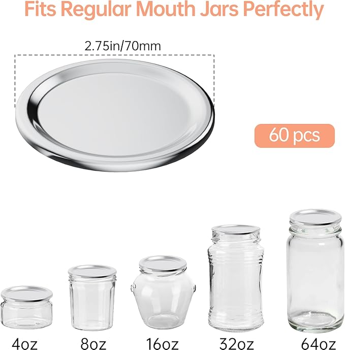 60 PCS Regular Mouth Mason Jar Lids, Compatible with Mason Jar Vacuum Sealer, Vacuum Seal Mason Jar Lids Only, Replaceable Mason Jar Vacuum Sealer Lid, Canning Lids Regular Mouth, No Date Reminder