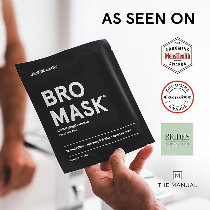 JAXON LANE BRO MASK Premium Korean Face Mask for Men (4 x 1 Pack) - Anti Aging Sheet Masks w/Hydrogel, Vitamin C, Hydrolyzed Collagen, & Hyaluronic Acid - Perfect Skin Care Stocking Stuffers for Men