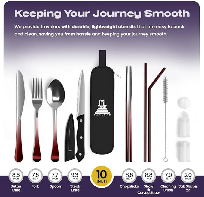 Portable Travel Silverware Set With Case - Includes 10 Pcs of Utensils, Stainless Steel Flatware For Camping, Easy to Travel, Lightweight (Red Two Tune)