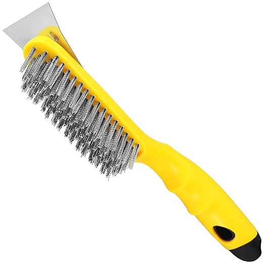 10.95" Wire Scratch Brush with Metal Scraper, Long Plastic Handle and 79 Bundles of Stainless Steel Bristles, Heavy Duty for Dust Paint Scrubbing, Dirt Rust or Welding Slag Removal