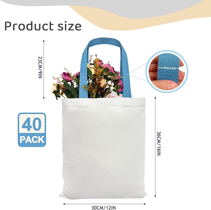 40 Reusable Canvas Tote Bags, Polyester, White, 12x14 Inch, 20 Colored Handles, Sublimation Blank, DIY Crafts, Grocery Shopping, Party Event, Heat Transfer