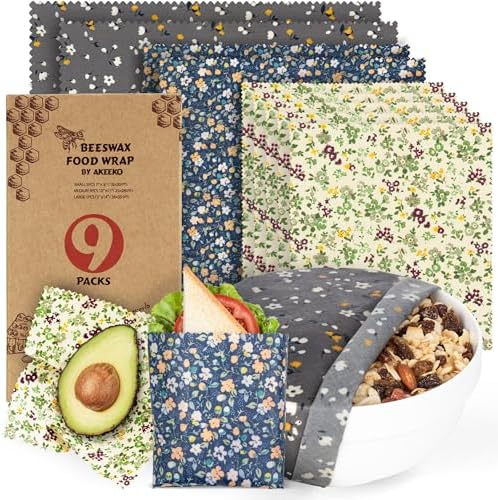 Akeeko Reusable Beeswax Food Wraps - Assorted 9 Packs, Eco-Friendly Reusable Wrap, Biodegradable, Zero Waste, Organic Cloth, Sustainable, Plastic-Free Food Storage, 1Large, 3Medium, 5Small Sizes by Akeeko