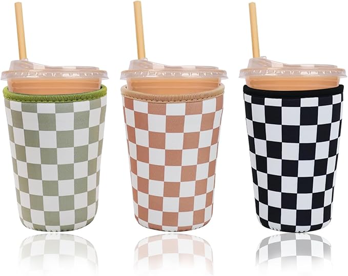 3 Pieces Reusable Insulated Neoprene Iced Coffee Cup Sleeve, Durable Drink Sleeve for Cold Beverages, Beverage Holder for Iced Coffee, 22-24 oz Medium (Checkered Delight)