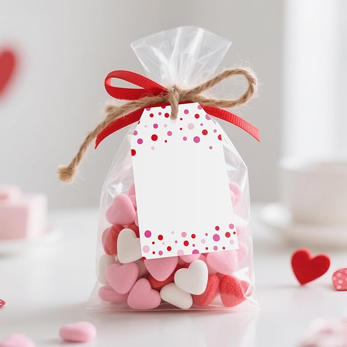 Anwyll Gift Tags with String - 100Pcs Pink Confetti Polka Dot Gift Bag Tags Personalized White Blank Hang Paper Label Tag for Birthday Party Bridal Shower Wedding Valentines Mothers Day Favors Present