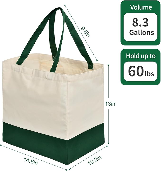 Reusable Grocery Bags Heavy Duty, 8.3 gal Foldable Large Canvas Tote Bag with Handles, Holds 60 lbs Canvas Shopping Bags, 1 Pack（Retro Green）
