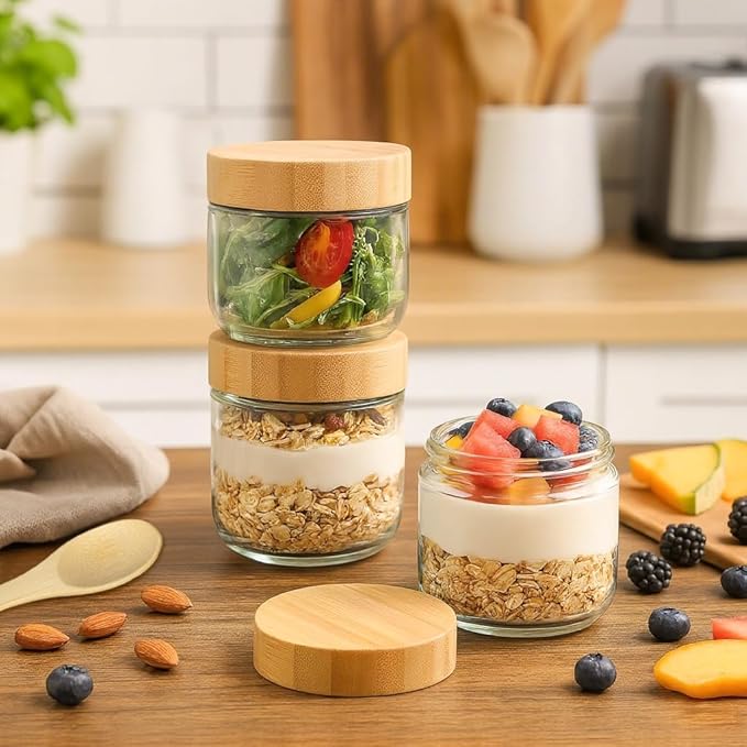 12 Pack 10oz Glass Jars with Bamboo Lids, Spoons, Airtight Overnight Oats Containers, Salad & Yogurt Storage, Mason Jars for Snacks, Spices, Meal Prep – Reusable
