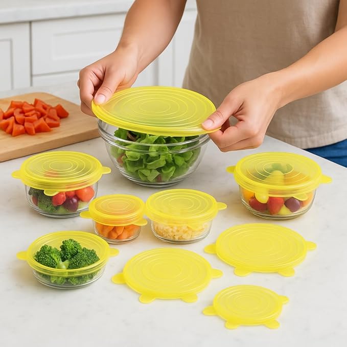 Reusable Silicone Stretch Lids | 6 Pack Food Storage Covers for Bowls, Containers & Cups | Airtight, Leakproof, BPA-Free, Microwave & Freezer Safe | Flexible Reusable Food Savers Yellow