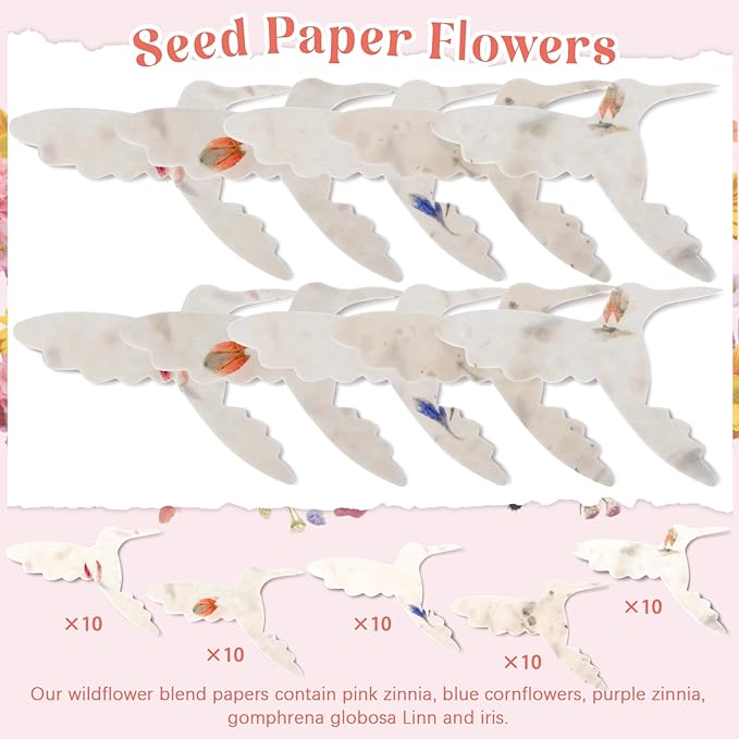 50 Pcs Handmade Seed Paper Plantable Wildflower Seed Paper Recycled Flower Petals Tags Wedding Favors for Guests Craft Gifts Cards for Envelope Birthday Party, 5 Styles (Hummingbird Shape)