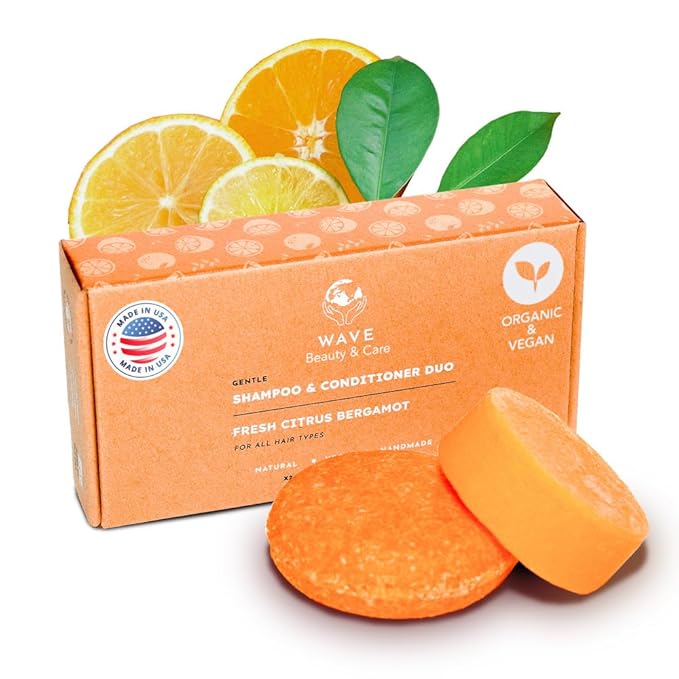 Wave Shampoo Bar & Conditioner Bar Set Fresh Citrus Vegan Sulfate Free USA Handmade Moisturizing Solid Bars for All Hair Types Good for Travel Long Lasting 120 Uses Citrus Shampoo and Conditioner Bar