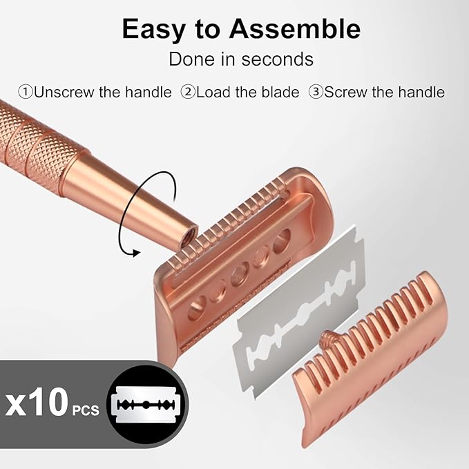 Single Blade Razors for Women, Stainless Steel Safety Razor with 10 Double Edge Blades, Reusable Metal Razor, Smooth Close Gentle Shave, Plastic Free, Rose Glod