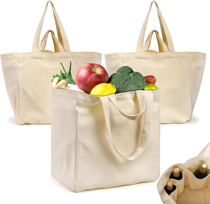 Tosnail 3 Pack Canvas Grocery Tote Bags with Bottle Sleeves, 14 x 9.75 x 15 Inches Large Reusable Shopping Bags with Long Shoulder Strap and Short Handles, Heavy Duty Cloth Bags