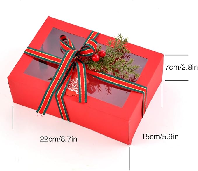 12 Pack Christmas Gift Boxes with Clear Window, brown Christmas Gift Boxes with Ribbon, Pine Sprigs & Berry Decorations for Holiday Wrapping, 8.7x5.9x2.8 Inch (brown)