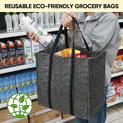BALEINE 4 PK Grocery Bags Reusable Shopping Bags with Reinforced Bottom, Heavy Duty Foldable Tote Bags (Grey) - Image 6