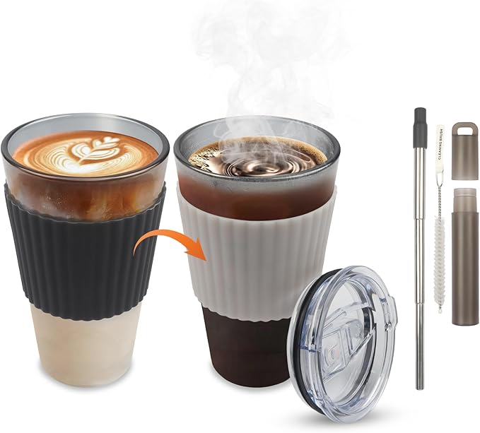 Black Glass Cups with Lid and Straw, 16 oz Glass Coffee Cup,Reusable with Temperature Sensitive Silicone Sleeve and Silicone Straw .Travel Iced Coffee Cup for Juice, Milk Tea and Smoothie(single pack)