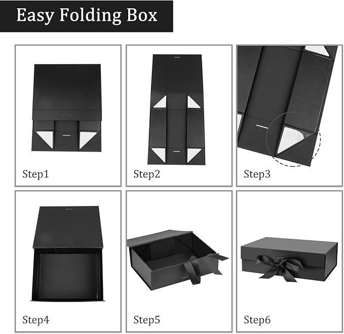 Gift Box with Lid for Presents 10.5x7.5x3.1 Inches with Ribbon and Magnetic Closure(5-Pack) (Black)