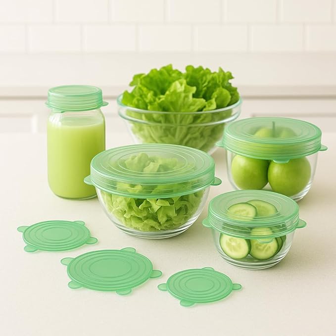 6 Pack Silicone Stretch Lids Reusable | Green Food Grade Bowl Covers for Kitchen | Airtight Seal for Food Storage | BPA Free Eco Friendly Stretchable Lid Set for Containers, Cups, Cans, Fruits