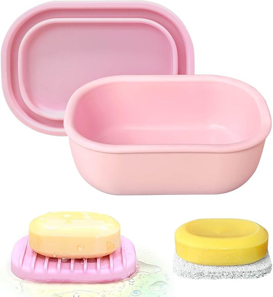 Leakproof Silicone Travel Soap Case with Drainage Layer, Silicone Bar Soap Holder Compact Portable Shatterproof Soap Container Box for Bathroom Gym Camp Travel Toiletries (Pink, Drainage Lid)