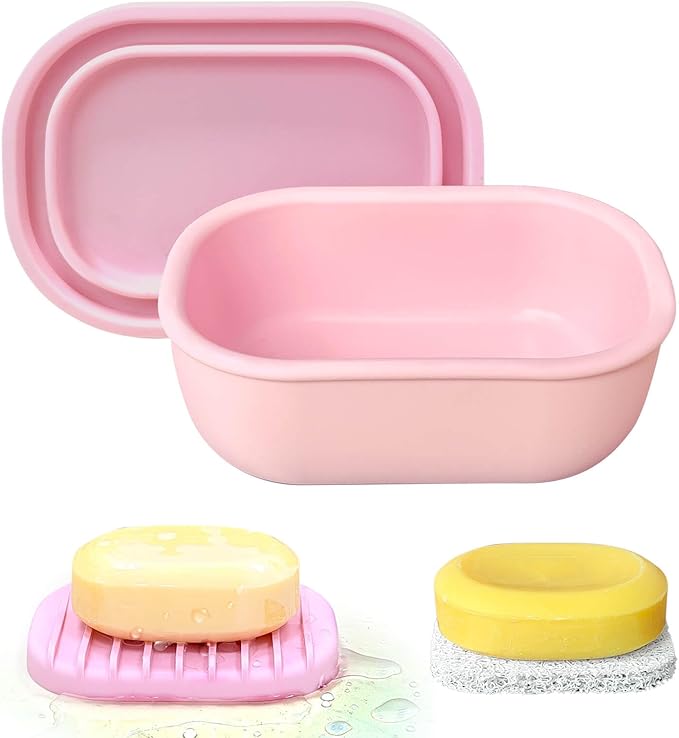 Leakproof Silicone Travel Soap Case with Drainage Layer, Silicone Bar Soap Holder Compact Portable Shatterproof Soap Container Box for Bathroom Gym Camp Travel Toiletries (Pink, Clear Lid)