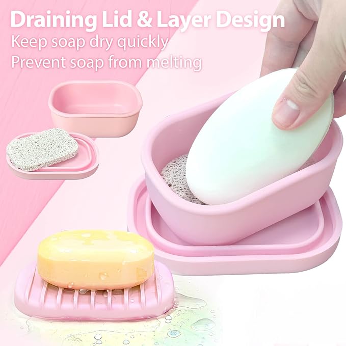 Leakproof Silicone Travel Soap Case with Drainage Layer, Silicone Bar Soap Holder Compact Portable Shatterproof Soap Container Box for Bathroom Gym Camp Travel Toiletries (Pink, Clear Lid)