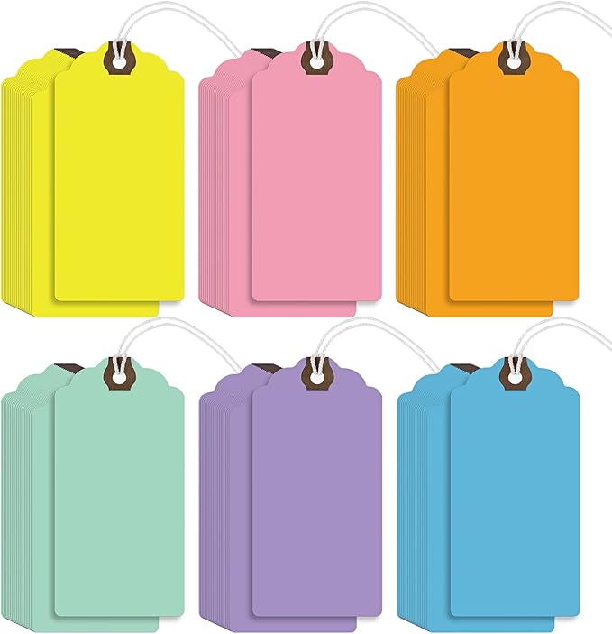 Outus 60 Pcs 4 3/4-in x 2 3/8-in Blank Large Paper Gift Tags with String and Reinforced Eyelet Wire Writable Price Tags Shipping Labels Inventory Labels(Macaron Color)