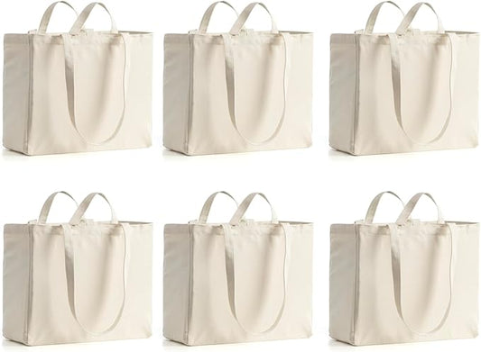 LINICE Canvas Tote Bag Reusable Grocery Bags with Long Shoulder Strap and Short Handle Foldable Heavy Duty Washable (6 Pack)