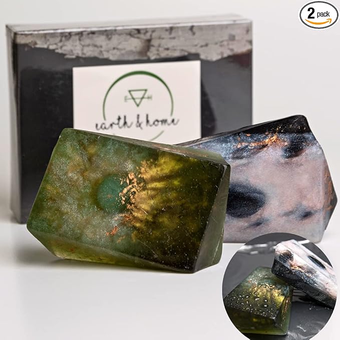 Earth & Home Rock Soap Gift Set of 2- Mothers Day Gift- Decorative Scented Gemstone Soap with Crystals (Jade & Black Obsidian) Inside- with Natural Ingredients & Essential Oil