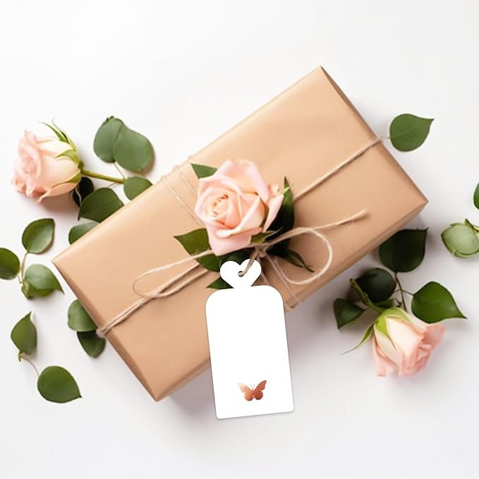 joycraft 100Pcs Gift Tags with String, 4x2 in Blank Tags with Rose Gold Foil Butterfly, White Paper Labels for Birthday, Wedding, Baby Shower, Christmas