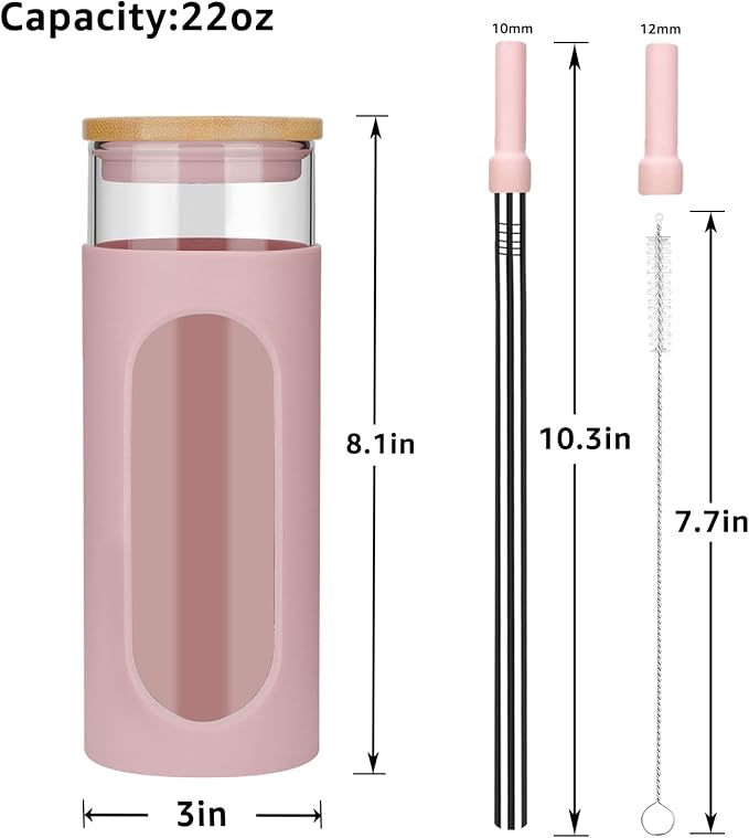 Tronco 22oz Glass Tumbler with Bamboo Lid and Straw, Reusable Iced Coffee Cup for Boba Tea, Smoothies & Cold Drinks, Spill-Proof Glass Cup with Silicone Sleeve, Dishwasher Safe, BPA-Free (Pack of 1)