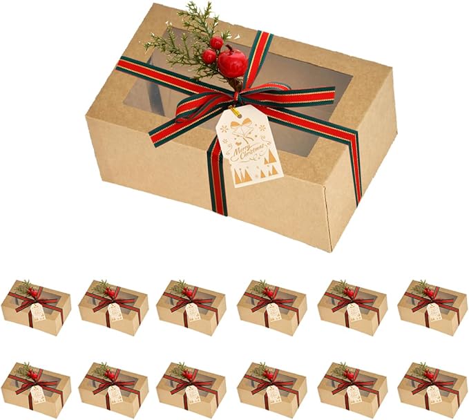 12 Pack Christmas Gift Boxes with Clear Window, brown Christmas Gift Boxes with Ribbon, Pine Sprigs & Berry Decorations for Holiday Wrapping, 8.7x5.9x2.8 Inch (brown)