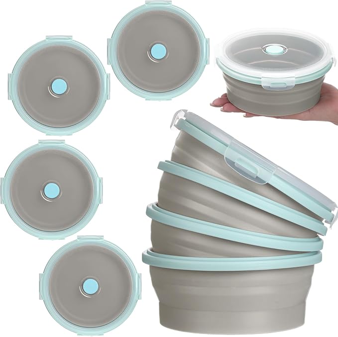 Suclain 4 Pcs Collapsible Bowls with Lids Silicone Camping Food Storage Container Expandable Folding Salad Lunch Box Travel Container for Hiking Camping(Blue Rim Gray,17 oz)