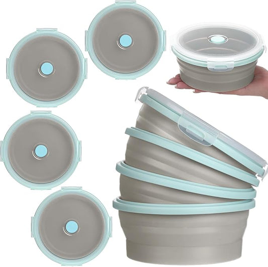 Suclain 4 Pcs Collapsible Bowls with Lids Silicone Camping Food Storage Container Expandable Folding Salad Lunch Box Travel Container for Hiking Camping(Blue Rim Gray,17 oz)