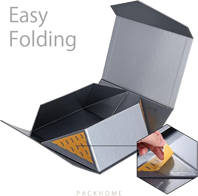 PACKHOME Gift Box 9x6.5x3.8 Inches, Rectangle Collapsible Box with Magnetic Lid for Gift Packaging (Glossy Gray)
