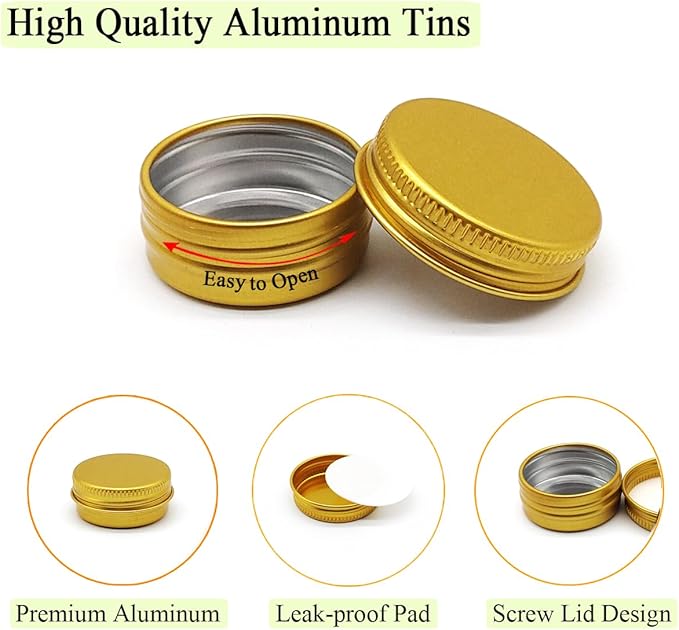 10ml Aluminum Tin Jar, 1/3 oz Makeup Container, 10g Aluminum Screw up Lid Small Round Container Bottle for Cosmetics Lip Balm Cream Toner Eyeshadow Candle Tea Beads, 24 Pack Gold Color Tins