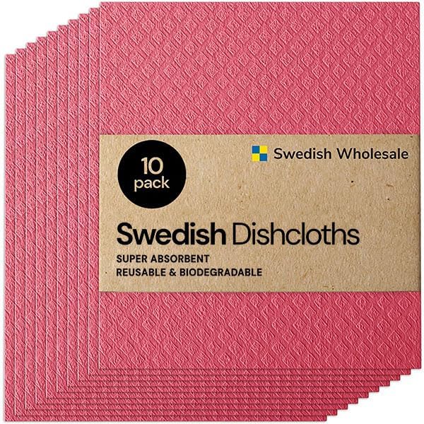 Swedish Wholesale Dishcloths Reusable 8" x 7" Sponge Cloths, Bulk 10 Pack of High Absorbent Cellulose Dish & Kitchen Cleaning Hand Towels, Wring to Dry & Machine Wash, Odor Resistant, Red by SwedishWholesale