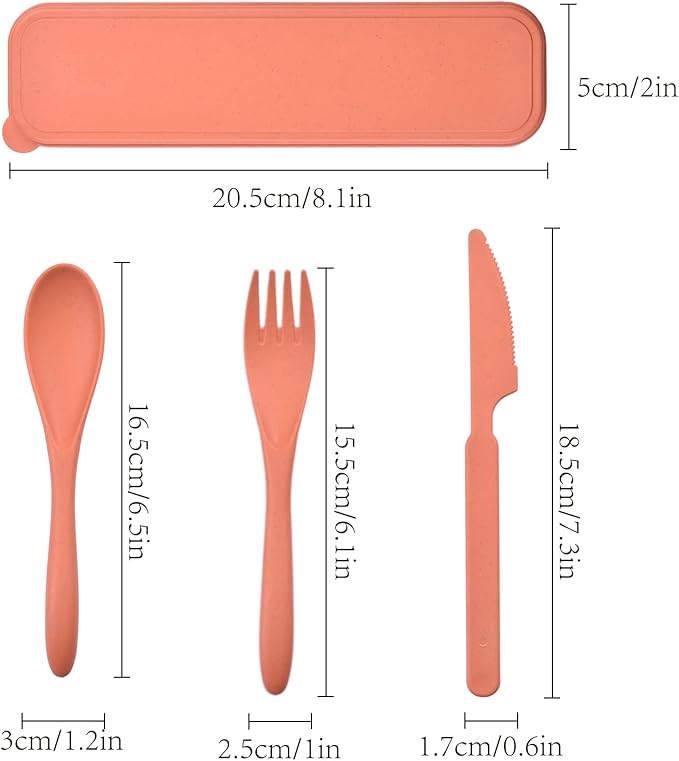 2 Sets Reusable Utensil Set with Case, Portable Camping Fork Knife Spoon Set, Wheat Straw Travel Utensils for Lunch Box, for School Work Lunch or Daily Use (Yellow, Orange)