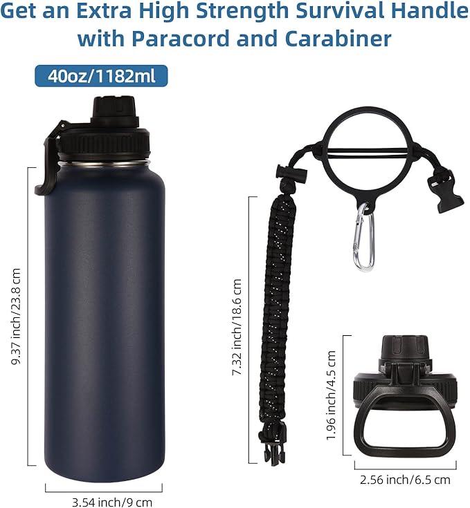 Volhoply Insulated Water Bottles Bulk 4 Pack, 40 oz Stainless Steel Sports Bottle with Paracord Handle, Double Walled Metal Water Cups with Wide Mouth, Reusable Water jug for Hiking(Navy,4 Set)
