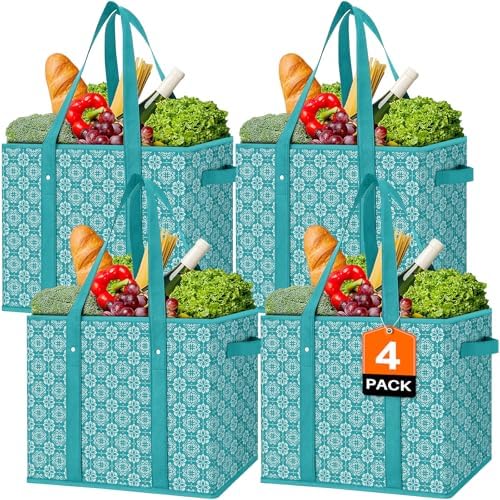 Reusable Grocery Bags 4 Pack, Foldable & Water Resistant Shopping Bags by WiseLife