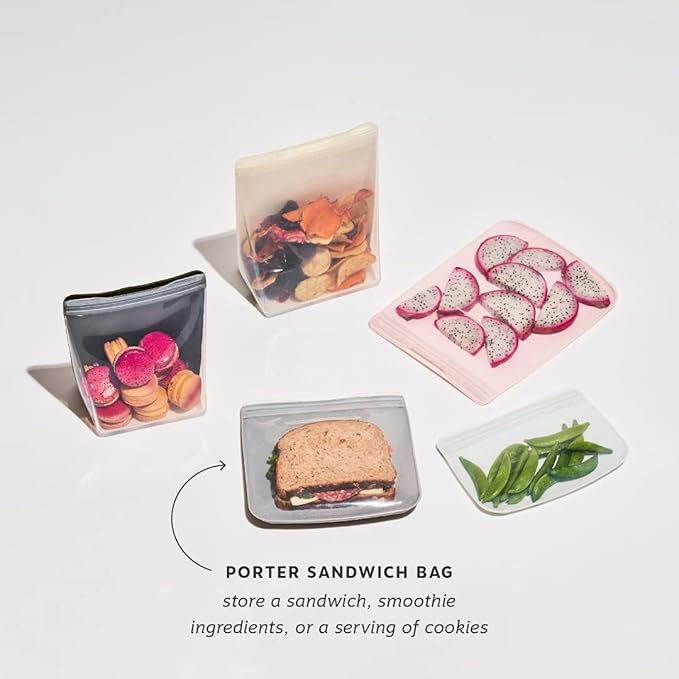 W&P Porter Silicone Reusable Storage Bag, Sandwich (34oz Flat), Charcoal, Food Storage Container, Microwave and Dishwasher Safe, Easy Cleaning