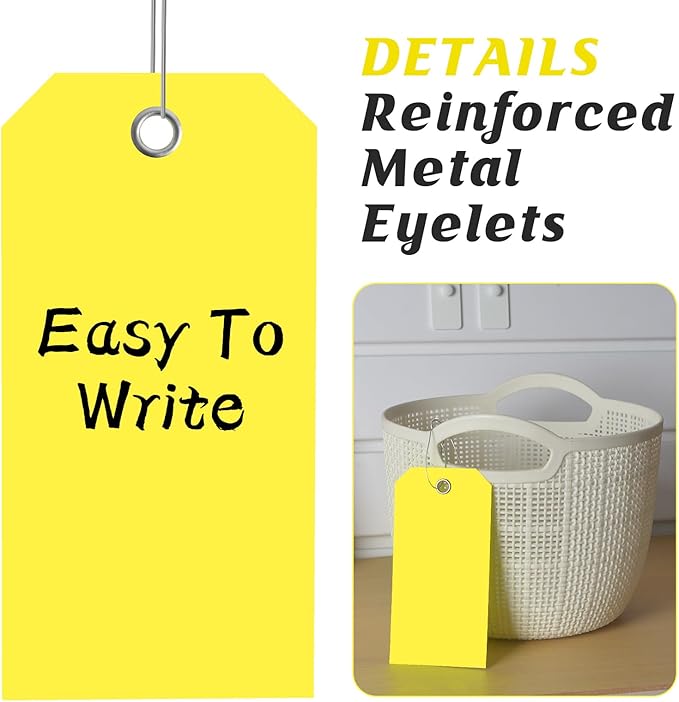 200 PCS 4 3/4" x 2 3/8" Neon Color Shipping Tags with Wire Paper Heavy Duty Hang Tags with Reinforcement Holes Writable Luggage Tag with String Durable Marking Tags (Neon Yellow, 4 3/4" x 2 3/8")