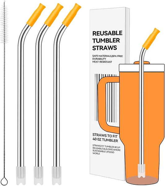 Reusable Stainless Steel Straws with Silicone Tip for Stanley 40oz, Metal Drinking Straws for 40oz Tumbler,3 Bent Tubes & 6 Tips& 1 Cleanr Brush (Goldenrod)