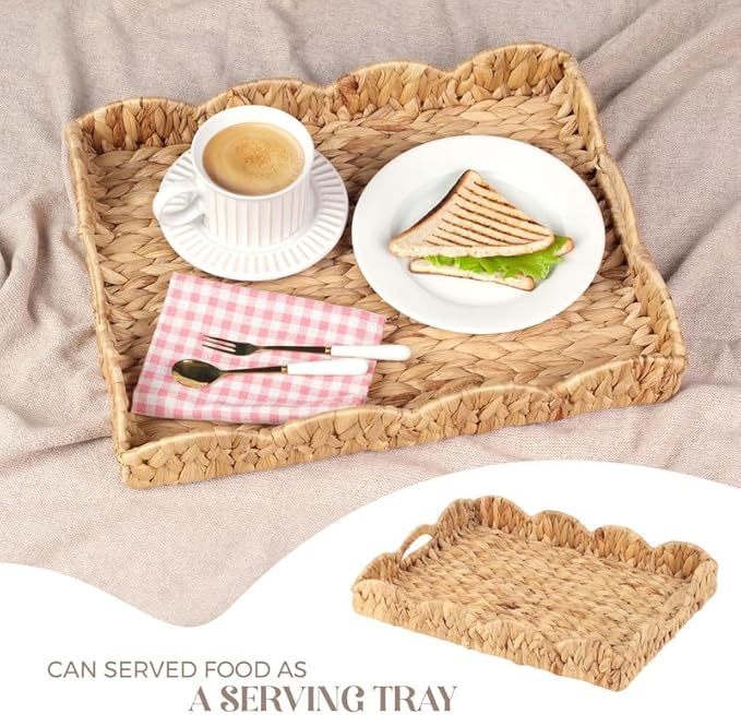 LASIDO Water Hyacinth Handwoven Seagrass Tray with Scalloped Edge and Handles (17x13x3in) Rectangular Handwoven Trays, Water Hyacinth Basket for with Built-in Handles (Rectangular - 1 PCS)