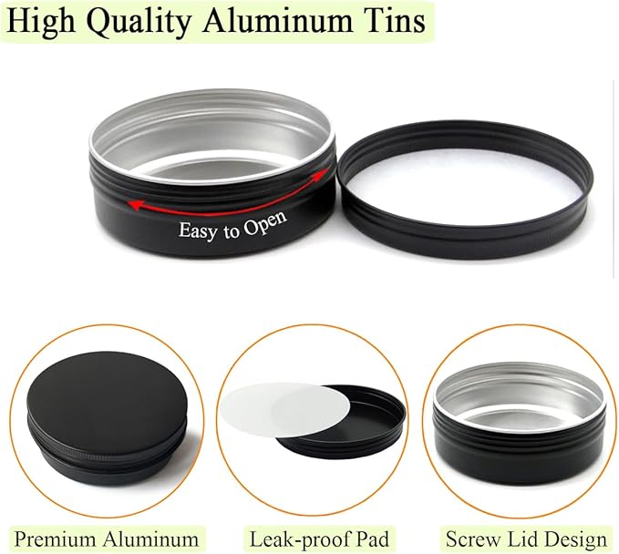 6pack 100ml Aluminum Tin Jars, 100 Gram Empty Travel Cosmetic Sample Container with Screw Cap Lid, 100g Black Metal Tins Can for DIY Crafts, Lip Balms, Face Cream, Candle, Tea, Paint, Slime