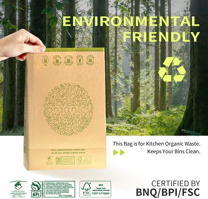 HYTREND-Kitchen Food Waste Bag-120 Bags-%100 Compostable paper Bag - Leak Resistant - Small-Certified by BNQ and BPI,CMA-I,CMA-W - Image 6