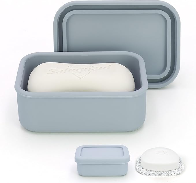Enhanced Leak-Proof Silicone Soap Case with Drainage Layer. Portable Travel Soap Container for Camping,Gym .Shatterproof Compact Bar Soap Holder (Light Gray)