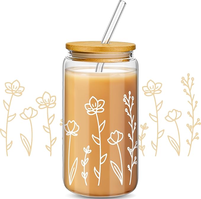 Mumufy Gift for Women Cute Glass Cup Tumbler Flower Iced Coffee Mugs 16 oz Glass with Bamboo Lid & Straw, Mothers Day Birthday Gift for Mom Sister Bridesmaid Baby Shower(1 Pack,Boho Floral)