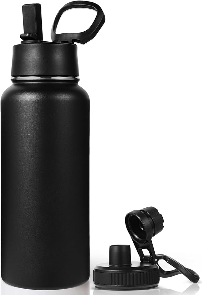 Neihepal 32 oz Insulated Water Bottle with 2 Lids (Straw & Spout Lid), 18/8 Stainless Steel Double Wall Water Bottles for Gym, Travel, Camping, Sports (Black,1 Pack)