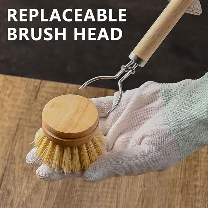 Dish Brush with Handle - 1 Sturdy Wooden Handle with 3 Natural Bristle Heads All-Purpose Kitchen Scrubber, Bamboo Wok Brush Fruit & Veggie Scrubber Eco-Friendly Brush for Pots, Pans, Oven