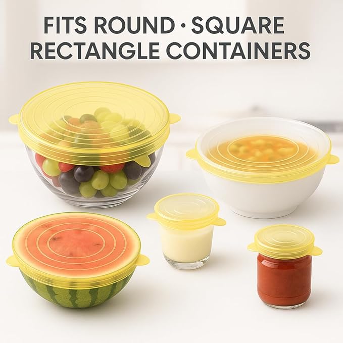 Reusable Silicone Stretch Lids | 6 Pack Food Storage Covers for Bowls, Containers & Cups | Airtight, Leakproof, BPA-Free, Microwave & Freezer Safe | Flexible Reusable Food Savers Yellow