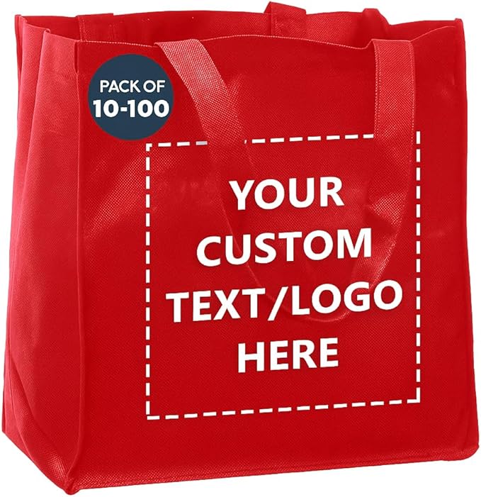 DISCOUNT PROMOS Custom Reusable Cloth Grocery Shopping Tote Bags Set of 10/50/100, Personalized Bulk Pack - Foldable, Washable, Shopper Bag - Red