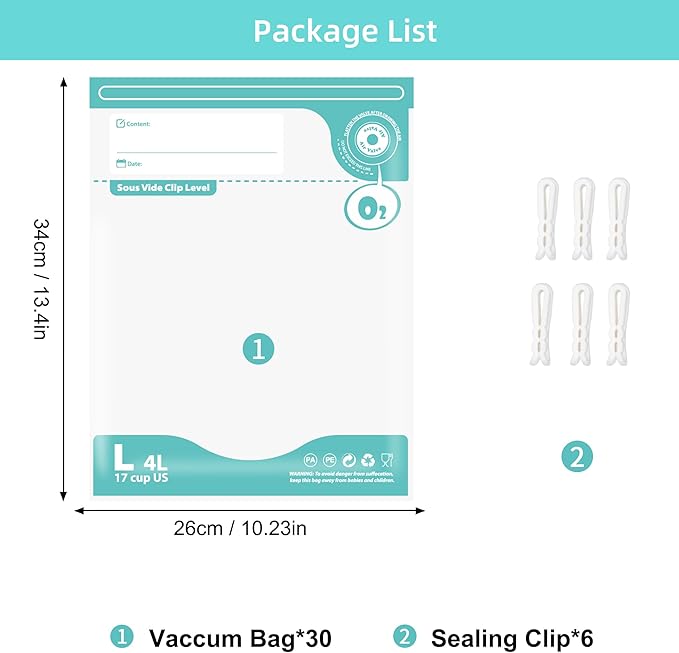 Sous Vide Bags Reusable, Vacuum Food Storage Bags 30 pcs (10.23 * 13.4in) Comes with 6 sealing sliders PA&PE material Double zipper Long-lasting freshness Bag for Cooking, Food Storage, L 30pcs